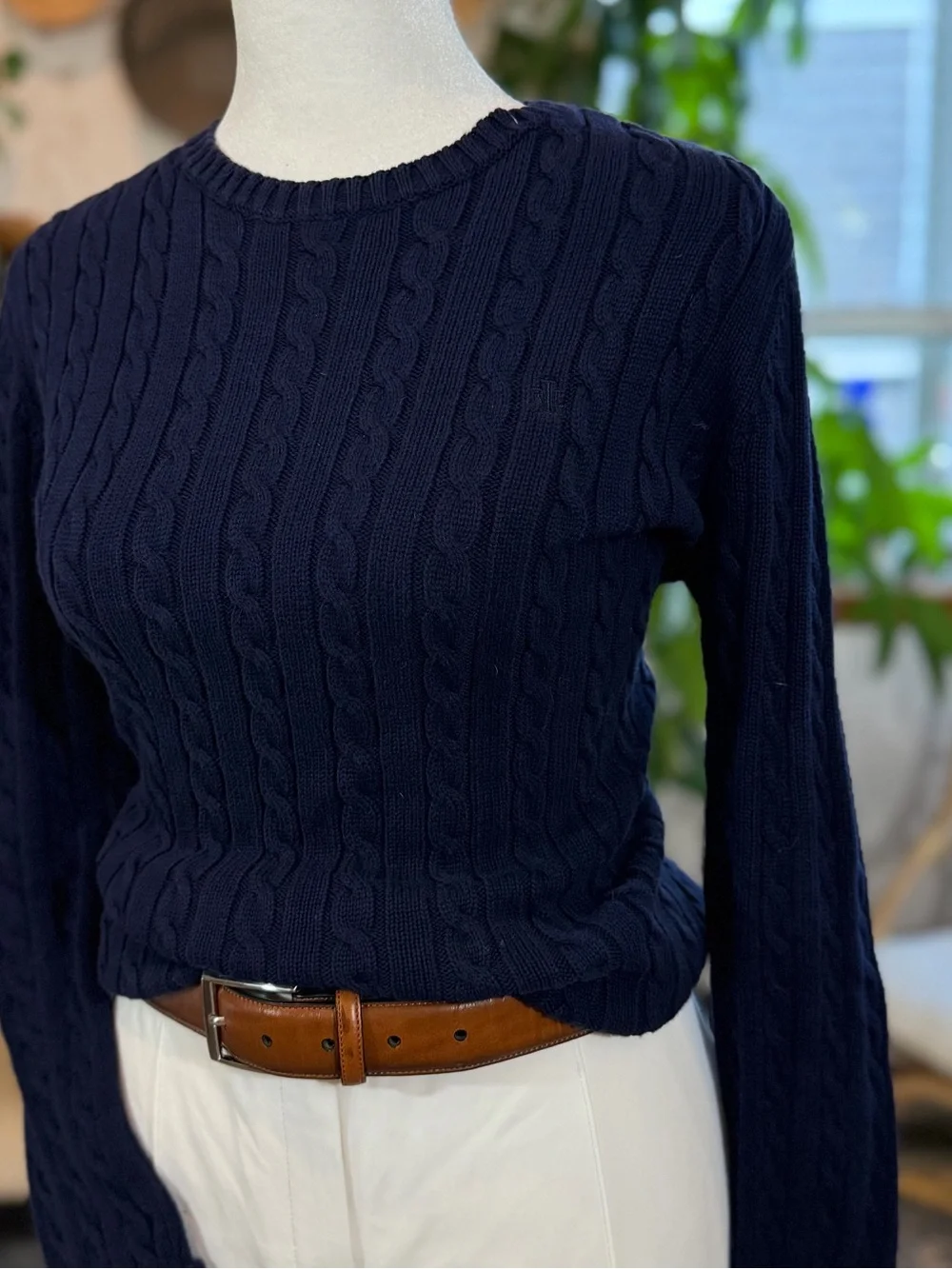 Lauren Ralph Lauren Navy Cable Knit Sweater S 100% Cotton RL Logo Old Money Fall